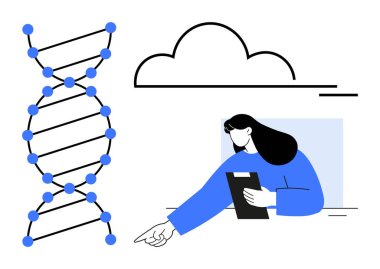 Bir DNA sarmalı ve bulut sembolünün yanında veriyi gösteren bir pano tutan bilim adamı. Biyoteknoloji, araştırma, genetik, veri analizi, bulut hesaplama, yenilik, basit iniş sayfası için ideal