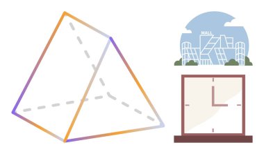 Çizgili çizgili piramit, geometrik pencereli alışveriş merkezi cephesi ve minimalist duvar saati tasarımı. Mimarlık, geometri, perakende, modernlik, minimalizm, matematik kesinliği için ideal