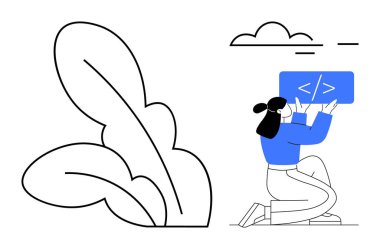 Diz çökmüş bir kadın mavi arkaplanlı, soyut yaprak ve bulutun bitişiğindeki kodlama panelini tutuyor. Kodlama, web geliştirme, yaratıcılık, minimalizm, teknoloji eğitimi, takım çalışması, basit iniş sayfası için ideal