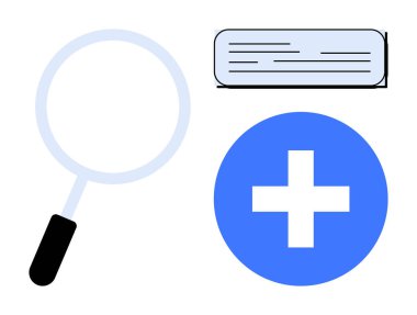 Büyüteç, kitap ve mavi artı işareti keşfin, öğrenmenin ve geliştirmenin altını çiziyor. Araştırma, eğitim, analitik problem çözme, yenilikçi rehberlik ekibi çalışması için idealdir. Basit düz