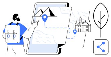 Sırt çantalı adam dijital haritaya bakıyor rotalar, işaretler ve doğa zeminini gösteriyor. Seyahat, macera, turizm, navigasyon, coğrafya, keşif için ideal basit iniş sayfası