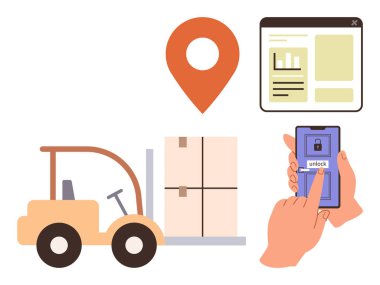 Forklift kutulu malları, yer işaretleyiciyi, web arayüzünü ve akıllı telefon uygulamasını açıyor. Tedarik zinciri, envanter, sevkiyat, ulaşım, GPS takip teknolojisi için ideal.