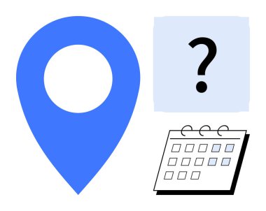 Mavi yer belirleyici, takvim ve soru işareti programlamayı, planlamayı, etkinlik yönetimini ve karar vermeyi simgeliyor. Navigasyon, zaman yönetimi, hedef planlama etkinliği belirsizliği için ideal