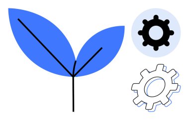 Çarkların yanında teknolojiyi ve büyümeyi temsil eden doğayı sembolize eden soyut yaprak şekli. Ekoloji, sürdürülebilirlik, yenilik, denge, takım çalışması, çevre teknolojisi, kalkınma için ideal