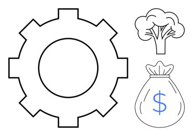 Gear endüstriyi, ağaç sürdürülebilirliği ve para çantasını sembolize ediyor. Ekonomi veya zenginliği temsil ediyor. İş, ekoloji, imalat, finans, kalkınma yenilik artışı için idealdir. Basit.