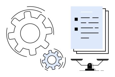 Dönen iki dişli, denge, verimlilik ve karar verme için istiflenmiş belgelerle aynı ağırlıkta olan süreçleri sembolize eder. İş akışı optimizasyonu, yönetimi, analizi, işletimi, hukuku için ideal