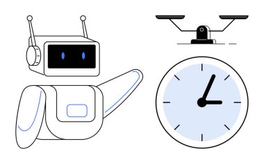 Mekanik koluyla saati ve teraziyi gösteren robot dengeyi, zamanı ve karar vermeyi sembolize ediyor. Otomasyon için ideal, üretkenlik, yapay zeka, zaman öncelikleri, iş akışı planlama basit düz