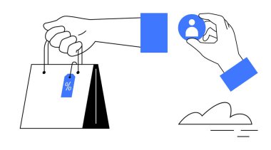 Kol çantasında indirim etiketi, el tutucu müşteri simgesi, asgari elementler. E-ticaret, pazarlama, perakende, müşteri edinme, satış stratejisi, iş büyümesi için ideal düz metafor