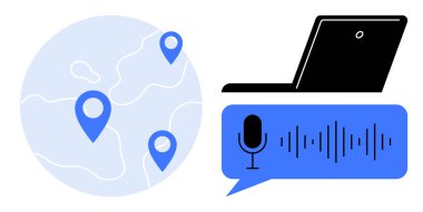 İğne kalemli, dizüstü bilgisayarlı, ses dalgalı ve mikrofonlu bir dünya. Bağlantı için ideal, uzaktan çalışma, seyahat, iletişim, teknoloji küreselleşme ağı. Basit düz metafor