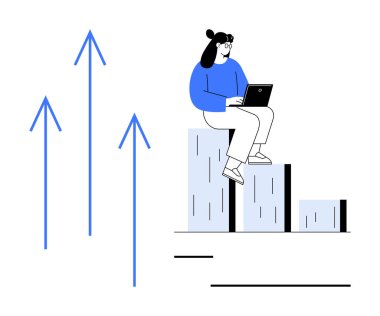 Yükselen çubuk grafiğinde dizüstü bilgisayar kullanan kadın, büyümeyi, başarıyı, iş gelişimini, finansal ilerlemeyi, başarıyı, kariyer büyümesini sembolize ediyor. İlerleme için ideal