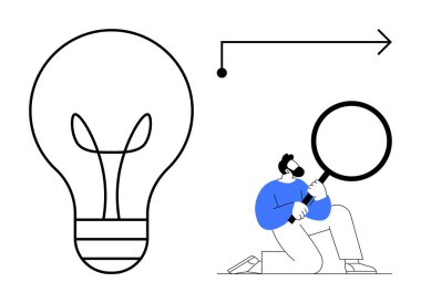 Ampul fikri sembolize ediyor, büyüteçle inceleyen adam, ileri hareketi gösteren ok. Yenilik, araştırma, strateji, analiz, ilerleme keşfi için idealdir. Basit.