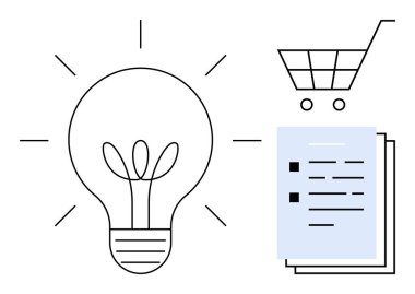 Yaprakları filizlenen ampul, alışveriş arabası ve belgeler. E-ticaret, planlama, sürdürülebilirlik, yaratıcılık, yenilikçi alışveriş pazarlama stratejileri için idealdir. Basit düz metafor