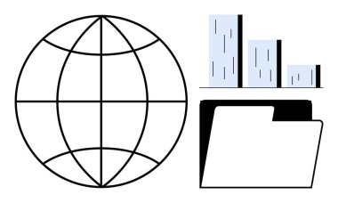 Dünya çapında erişimi temsil eden küre, analitiği gösteren çubuk grafikler ve veri depolamayı simgeleyen klasör. İş, finans, teknoloji, küreselleşme, analitik ve veri depolama için ideal