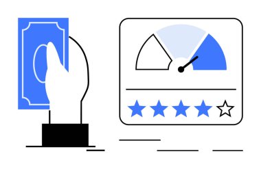 Değerlendirme göstergesi ve müşteri memnuniyetini gösteren yıldızlarla el ele tutuşmak. Finans, hizmet kalitesi, müşteri geribildirimi, performans ölçümleri, değerlendirmeler, e-ticaret, güven için ideal