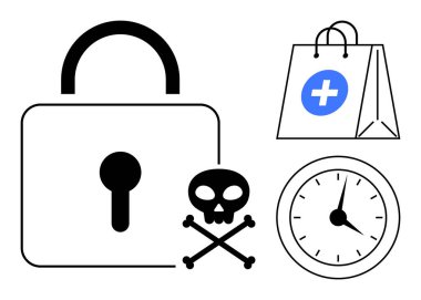 Tehlike için büyük kilit, kafatası ve çapraz kemikler, sağlık çantası ve zaman yönetimi için saat. Siber güvenlik, dijital sağlık, veri koruması ve e-ticaret riskleri için ideal