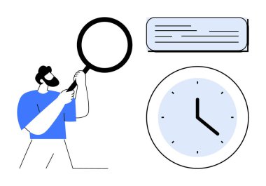 Saatin yanı sıra analiz, araştırma ve zamanı vurgulayan metin belgelerini inceleyen büyüteçli bir adam. Üretkenlik, odaklanma, teslim tarihleri, organizasyon, süreçler, verimlilik için ideal