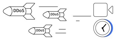 DDoS etiketli füzeler hedefe doğru ilerliyor ve kronometre kritik saldırı etkisini vurguluyor. Siber güvenlik, dijital tehditler, kötü amaçlı yazılımlar, hackleme, bilişim riskleri, ağ güvenliği, basit