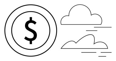 Dairesel bir madeni paranın içindeki dolar işareti ve minimalist bir tasarımda geçen bulutları stilize ediyor. Finans, teknoloji, bulut hesaplama, dijital ekonomi, hız, yenilik ve yatırım temaları için idealdir. Temiz