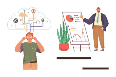 Birbirine bağlı fikirler altında beyin fırtınası yapan ve grafikleri ve grafikleri bir bitkinin yanında olan bir grafik üzerinde veri sunan bir adam. Yenilik, planlama, yönetim ve başarı için ideal