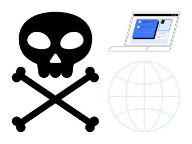 Kafatası ve çapraz kemikler sembolü, web sayfası önizlemeli dizüstü bilgisayar, küresel ızgara tasviri. Siber güvenlik, hackleme, küresel risk, veri koruması, kötü amaçlı yazılım, çevrimiçi tehditler için ideal basit düz metafor