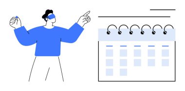 İşaretli tarih ve şebeke çizelgesi olan spiral takvimin yanındaki görevlere bakan adam. Zaman yönetimi, planlama, zamanlama, üretkenlik, organizasyon, iş akışı stratejisi, hedef belirleme için ideal