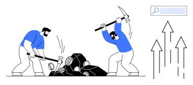 Kayaları kırmak için çekiç ve kazma kullanan iki işçiye yükselen oklar ve arama çubuğu eşlik ediyor. Takım çalışması, madencilik, büyüme, ilerleme, üretkenlik, problem çözme, basit iniş sayfası için ideal