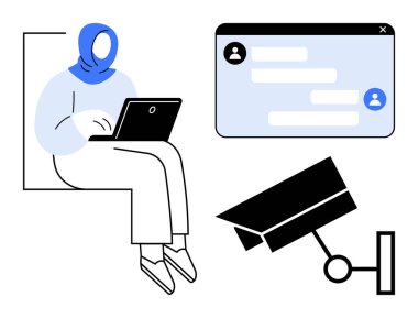 Başörtüsü takan kadın dizüstü bilgisayar kullanıyor, sohbet penceresi açık, yanında güvenlik kamerası var. Gizlilik, güvenlik, izleme, teknoloji, çevrimiçi iletişim ve bilinçlendirme kampanyaları için ideal