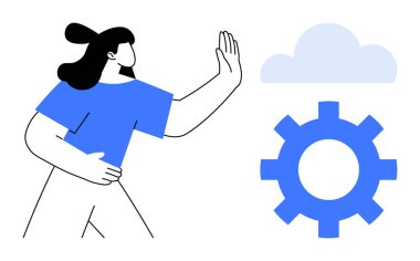 Bulut simgesi ve teçhizata doğru hareket eden kadın, teknolojik bağlantıyı, bulut hesaplamasını ve dijital iş akışını temsil ediyor. Yenilik, takım çalışması, optimizasyon, strateji ve ilerleme için ideal