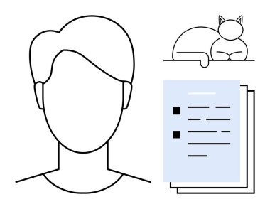 İnsan kafası, dinlenen kedi ve cesur metin elementleriyle dolu dokümanlar. Kimlik, organizasyon, rahatlama, minimalizm, evrak işleri yaşam tarzı denge verimlilik kavramları için idealdir. Basit.