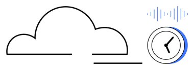 Saat ve ses dalgası görselleştirmesinin yanında bulut çizgisi. Teknoloji, bulut hesaplama, veri depolama, zaman izleme, dijital ses, iletişim ve iş akışı planlama temaları için idealdir. Basit.