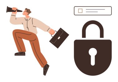 Profesyonel evrak çantası ve teleskopla arama. Çevrimiçi güvenliği simgeleyen büyük kilit. İş kavramları, siber güvenlik, büyüme, mahremiyet, koruma, özgürlük, güvenli erişim için ideal