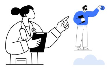 Doktor elinde bir dosya ve steteskop ile finansal ilerlemeyi temsil eden profesyonel bir veriyi işaret ediyor. Sağlık hizmeti tavsiyesi, mali planlama, takım çalışması, hedef belirleme için ideal