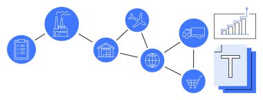 Pano, fabrika, depo, uçak, kamyon, dünya, alışveriş arabası, grafik sembolleri arz zinciri. Lojistik işletme stratejisi veri akışı için ideal e-ticaret küresel ticaret