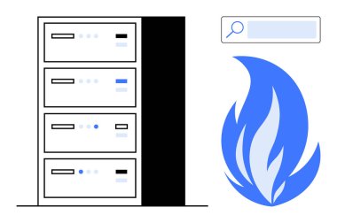 Veri sunucuları ve mavi alev, izleme çubuğuyla sistem riskini veya arızasını sembolize ediyor. Güvenlik, teknoloji, risk analizi, sistem izleme, bilişim yönetimi, veri güvenliği için ideal