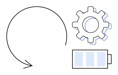 Dairesel ok, teçhizat ve batarya enerji akışını, otomasyonu ve kaynak yenilenmesini işaret ediyor. Sürdürülebilirlik, teknoloji, üretkenlik, enerji yönetimi verimlilik yenilik stratejisi için ideal
