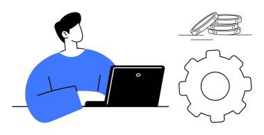 Dizüstü bilgisayar kullanan genç bir profesyonel, büyük dişli sembolik işlem, madeni paraları temsil eden paralar. Üretkenlik, ticaret, teknoloji, ekonomi, iş akışı, strateji basit düz metafor için idealdir