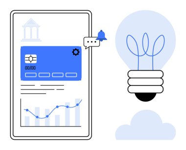 Dijital bankacılık uygulaması arayüzü kart detaylarını, bildirimleri ve analizleri gösteriyor. Ampul yeniliği simgeler. Finans, teknoloji, veri, yazılım, yaratıcılık ilerlemesi için idealdir