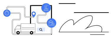 Teslimat kamyonu, haritalı bir rotada. Depo ve vinç için ikonlar, kronometre ve arama. Lojistik, dağıtım planlaması, tedarik zinciri, ulaşım, envanter yönetimi için ideal
