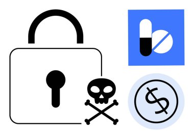 Asma kilit, çapraz kemikli kafatası, hap ikonu ve dolar madeni para uyuşturucu güvenliği, veri ihlali ve finansal riski simgeler. Güvenlik, ilaç, finans teknolojisi risk koruması için idealdir.