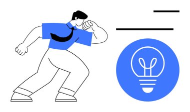 Parlayan bir ampulün yanında cesur bir duruşla yaratıcı bir şekilde düşünen özgüvenli bir birey. Yenilik, yaratıcılık, takım çalışması, problem çözme, strateji, liderlik, basit iniş sayfası için ideal