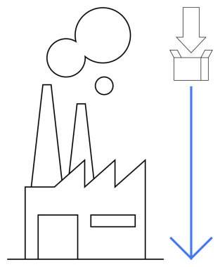 Fabrika binası duman yayıyor, ok açık bir kutuya açılıyor, imalat ve ambalaj kavramları sergileniyor. Üretim, endüstri, tedarik zinciri, verimlilik, ekonomi ve otomasyon için ideal