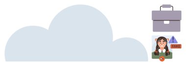 Dijital aletleri vurgulayan bulut, profesyonel çözümleri sembolize eden evrak çantası, sahte olarak işaretlenmiş kızın fotoğrafı. Teknoloji, siber güvenlik, yanlış bilgilendirme, eğitim, etik, yapay zeka için ideal