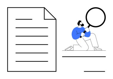 Büyüteçle diz çöküp büyük bir belgeyi inceleyen bir adam. Basit düz metaforda araştırma, analiz, kalite kontrolü, denetleme, belgeleme ve soruşturma kavramları için ideal