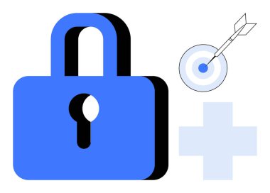 Mavi asma kilit güvenliği temsil ediyor, ok tam isabet isabet hassasiyet ve odaklanma için, artı sağlık ve ilave için işaret. Siber güvenlik, odaklanma, sağlık, mahremiyet, veri güvenliği, doğruluk için ideal