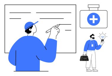 Gemide yazan kişi, bir diğeri yanında ilk yardım çantasını sembolize eden bir ampul taşırken. Takım çalışması, problem çözme, sağlık, eğitim, yenilik, beyin fırtınası, öğrenme için idealdir. Basit.