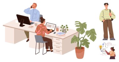 Bilgisayar ekranı, doküman ve bitkilerle dolu bir masada çalışan iki profesyonel artı açık havada çanta tutan sıradan bir adam. Takım çalışması için ideal, üretkenlik, teknoloji, yaratıcılık, ofis hayatı