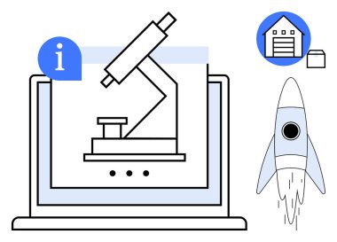 Dizüstü bilgisayarda mikroskop, roket fırlatma, bilgi etiketli depo. Teknoloji, araştırma, yenilik, eğitim, ilerleme keşif veri görselleştirmesi için idealdir. Basit düz metafor