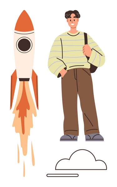 Молодой мужчина стоит с рюкзаком, рядом с ним запускается ракета, представляющая карьерный рост, амбиции, успех, исследования, стартап-путешествие, инновации и личностное развитие. Простая плоская метафора
