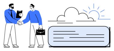 İki profesyonel bulut ve güneşin yanında pano ve evrak çantasıyla el sıkışıyor. İşbirliği, ortaklık, iş başarısı, takım çalışması, anlaşmalar, ağ oluşturma, basit düz metafor