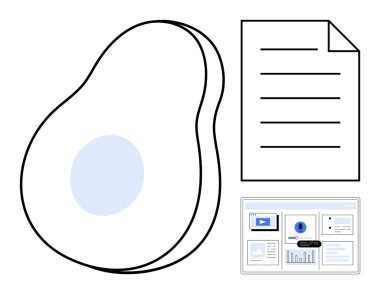 Avokado, doküman ve dijital medya arayüzü içeren minimalist tasarım. Yaratıcılık, üretkenlik, sağlıklı yaşam tarzı, dijital yenilik, planlama, modern teknoloji için ideal